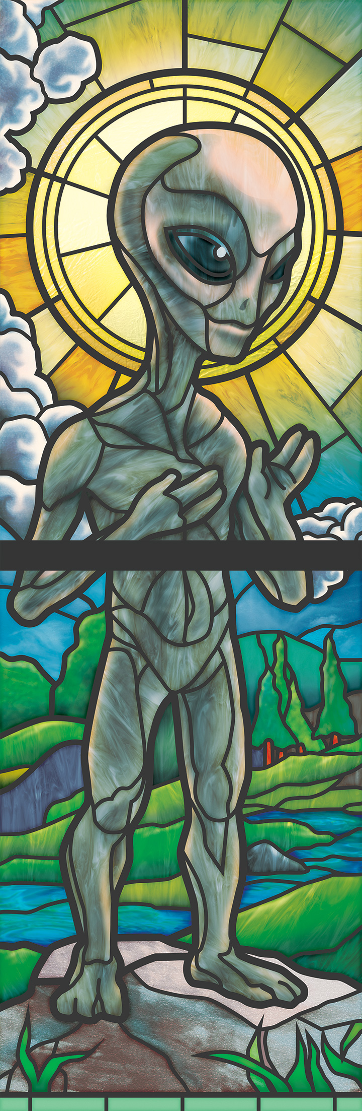 Heaven and Hell stained-glass illustration, panel 1 — grey alien